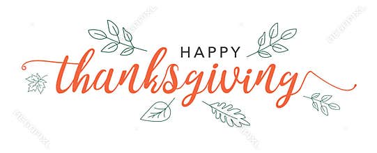 Happy Thanksgiving Calligraphy Text with Illustrated Green Leaves Over White Background