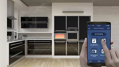 Kitchen room Home Appliances control in mobile application, smart phone, energy saving efficiency, oven, internet of things.