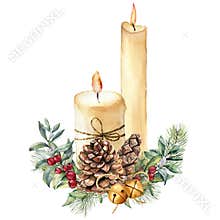 Watercolor Christmas candles with holiday decor. Hand painted candle, holly, christmas tree branch and bell isolated on