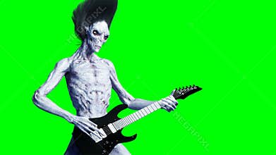 Funny alien plays on electric guitar. Realistic motion and skin shaders. 4K green screen footage.