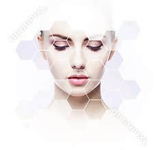 Human face in honeycomb. Young and healthy woman in plastic surgery, medicine, spa and face lifting concept.