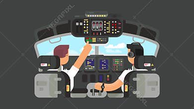 Pilots in cockpit flat design animation