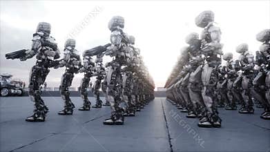 Invasion of military robots. Dramatic apocalypse super realistic concept. Future. 4k animation.