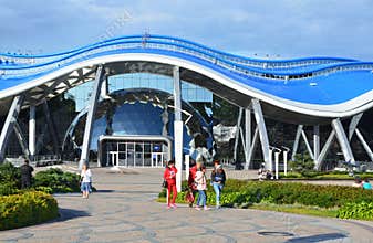 Vladivostok, Russia, September, 14, 2017. People walking near the Oceanarium on the island Russian Russky in Vladivostok
