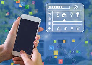 Hand holding phone with smart home interface and connectors