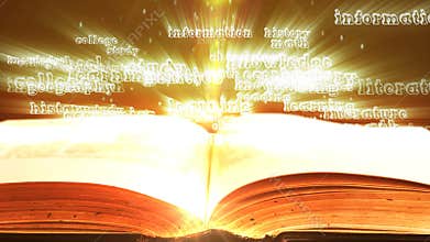 Glowing words flying out of an old book