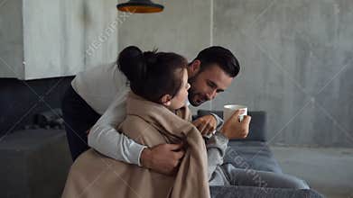 Careful man cheering up poor sick wife