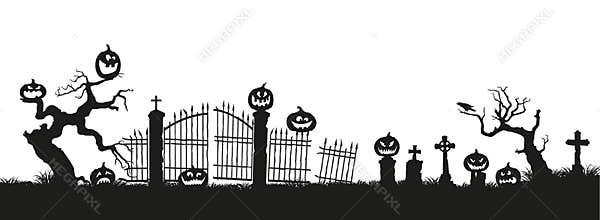 Holiday Halloween. Black silhouettes of pumpkins on the cemetery on white background. Graveyard and broken trees