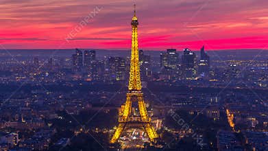 Panorama of Paris after sunset day to night timelapse. Eiffel tower view from montparnasse building in Paris - France