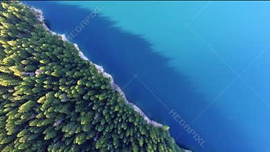 Aerial View Alpine Lake Evergreen Fir Trees Turquoise Water