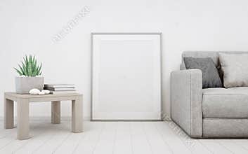 White empty frame mock up on wooden floor with concrete wall background, Sofa and table near blank poster in bright living room