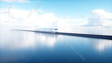 Speedly Futuristic monorail train. Sci fi station. Concept of future. People and robots. Water and wind energy. 3d