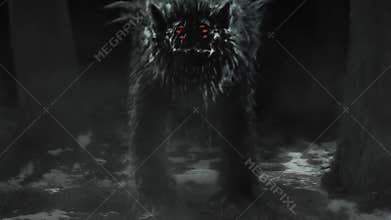 Alien wolf emerges from a dark forest and opens his mouth