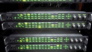 Oscilloscope. Audio Monitor and Analyzer large server, telecommunications.