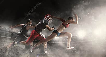 Multi sports collage about basketball, American football players and fit running woman