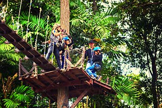 Happy family travel tourist enjoy an exciting journey on one of the most popular tourist attraction, Flight of the Gibbon
