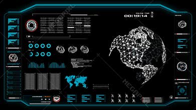 4K Animation of user interface HUD globe world moving on dark background for cyber futuristic concept with grain processed