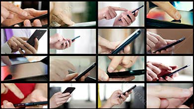 Collage of different people hands texting SMS on smartphones