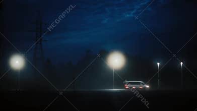 Incredible view of busy night highway with trucks. Stunning mysterious cinematic shot. Delivery logistics traffic cars.