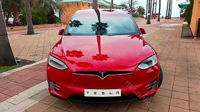 Red Tesla Model X Electric SUV Front View