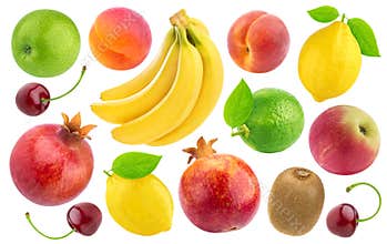 Set of various whole fruits and berries isolated on white background