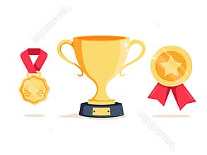 Reward program winner cup and first place bowl game trophy. Win super prize achievement and accomplishment concept.