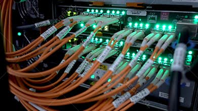 Fiber optical connector interface. Information technology computer network, telecommunication fiber optical cables connected.