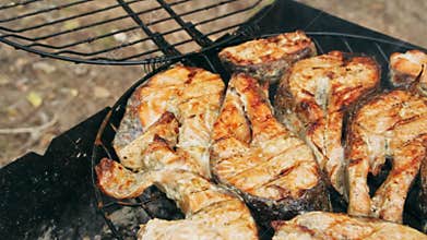 Fried grilled salmon on bbq. Marinade from white sauce and lemon.