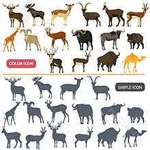 Hoofed animals color flat and simple icons set