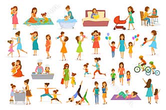 Cute cartoon mother and children isolated vector illustration scenes set, mom with daughter son kids