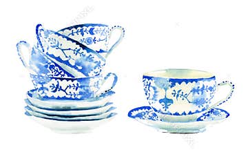 Beautiful graphic lovely artistic tender wonderful blue porcelain china tea cups pattern watercolor hand illustration