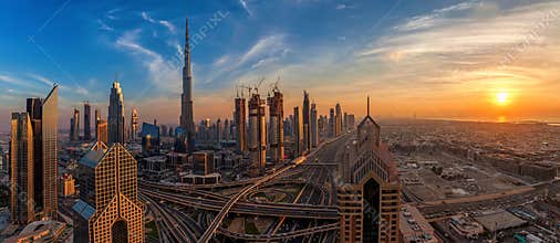 Panorama of Dubai Downtown at sunrise