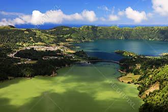 The Green and Blue Lakes seen from the Vista do Rei King’s View, Sao Miguel island