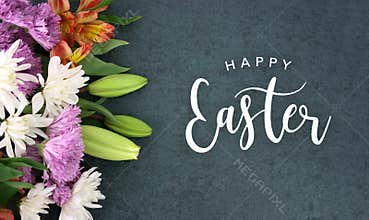 Happy Easter Calligraphy Holiday Script With Colorful Spring Flowers Over Blackboard Background Texture