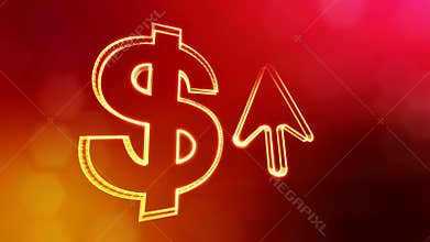 Dollar sign and emblem of arrow. Finance background of luminous particles. 3D loop animation with depth of field, bokeh