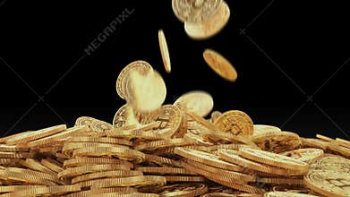 Falling golden bitcoins on pile.