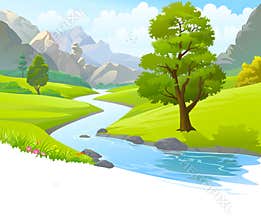 An illustration of a river flowing through mountains, hills and through scenic green fields