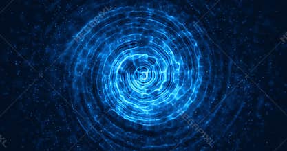 Abstract concentric lines movement digital glitter sparks blue particles with circle shape flowing on blue background