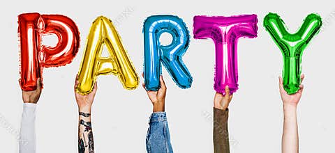 Hands showing party balloons word