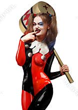 Beautiful girl in a Harley Quinn costume with a hammer in her ha