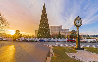 Christmas tree in front of Parliament building house, Bucharest, Romania