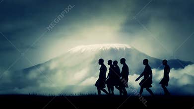 Tribal African Men Walking close to Mount Kilimanjaro
