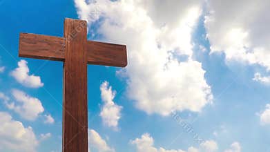 Wooden cross on the blue sky cloudy