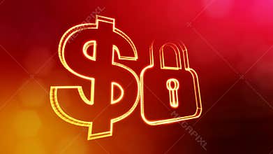 Dollar sign and emblem of lock. Finance background of luminous particles. 3D loop animation with depth of field, bokeh
