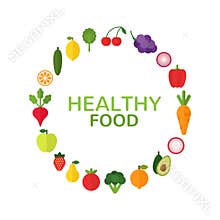 Healthy food concept. Diet and organic food template with flat fruits, vegetables and copyspace. Fresh vegetables and