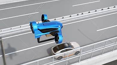 Blue VTOL drone fly across highway to delivery packages
