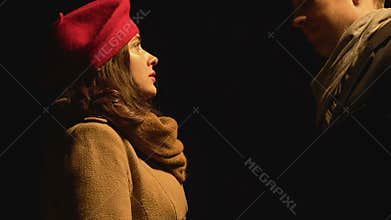 Man leaving girlfriend, couple splitting up, woman crying in sorrow, last kiss