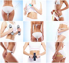 Beautiful and fit woman in a fitness workout. Isolated collage. Sport, nutrition, health and weight loss concept.
