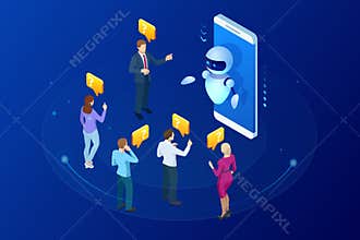 Isometric artificial intelligence. Chat bot and future marketing. AI and business IOT concept. Mans and women chatting