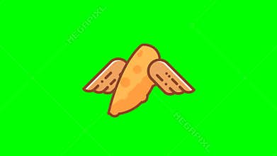 Animation of a fried patty with wings in flat design style. flying pie HD animation with green screen and alpha channel